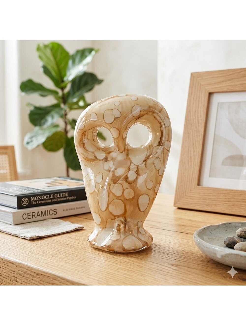 Vintage Style Ceramic Owl Figurine Amber Brown Bubble Glaze Sculptural Decor